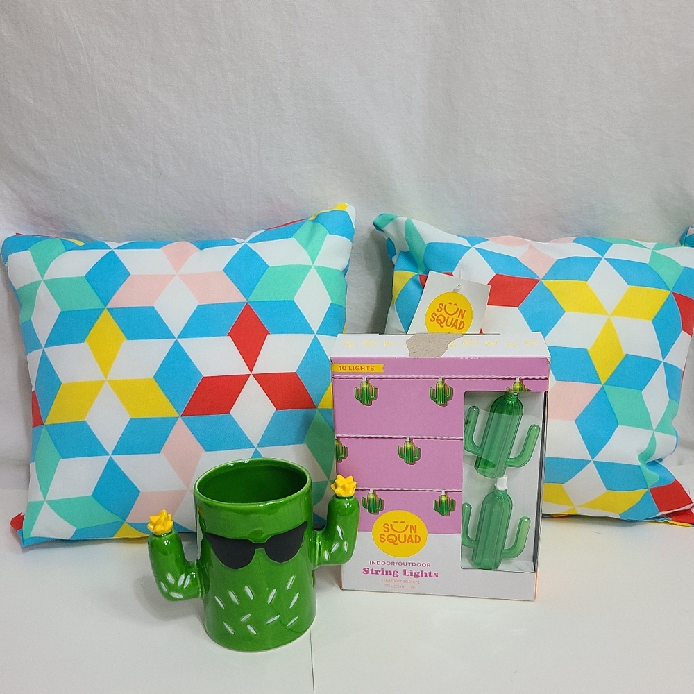 4 Pc Cactus Set *Pillows, Planter, Lights*NWT*